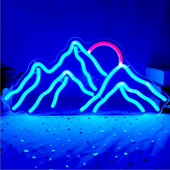 Neon Blue Mountain Range Outdoor Nature Lover Sunset BrightLight Sign Wall Decor - Picture 5 of 5